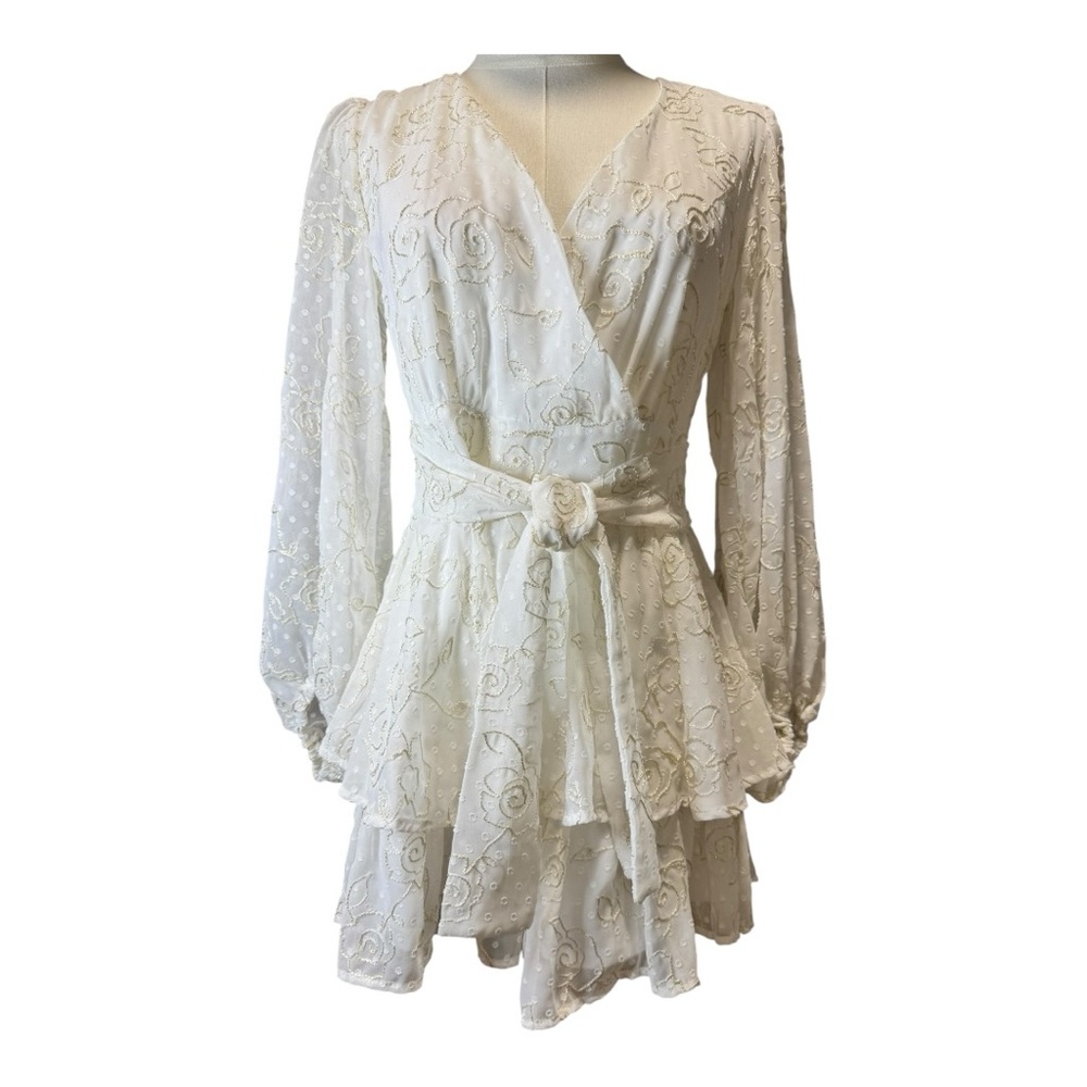 Altar'd State White Floral Romper Gold Metallic Embroidery Lace Layered Size S